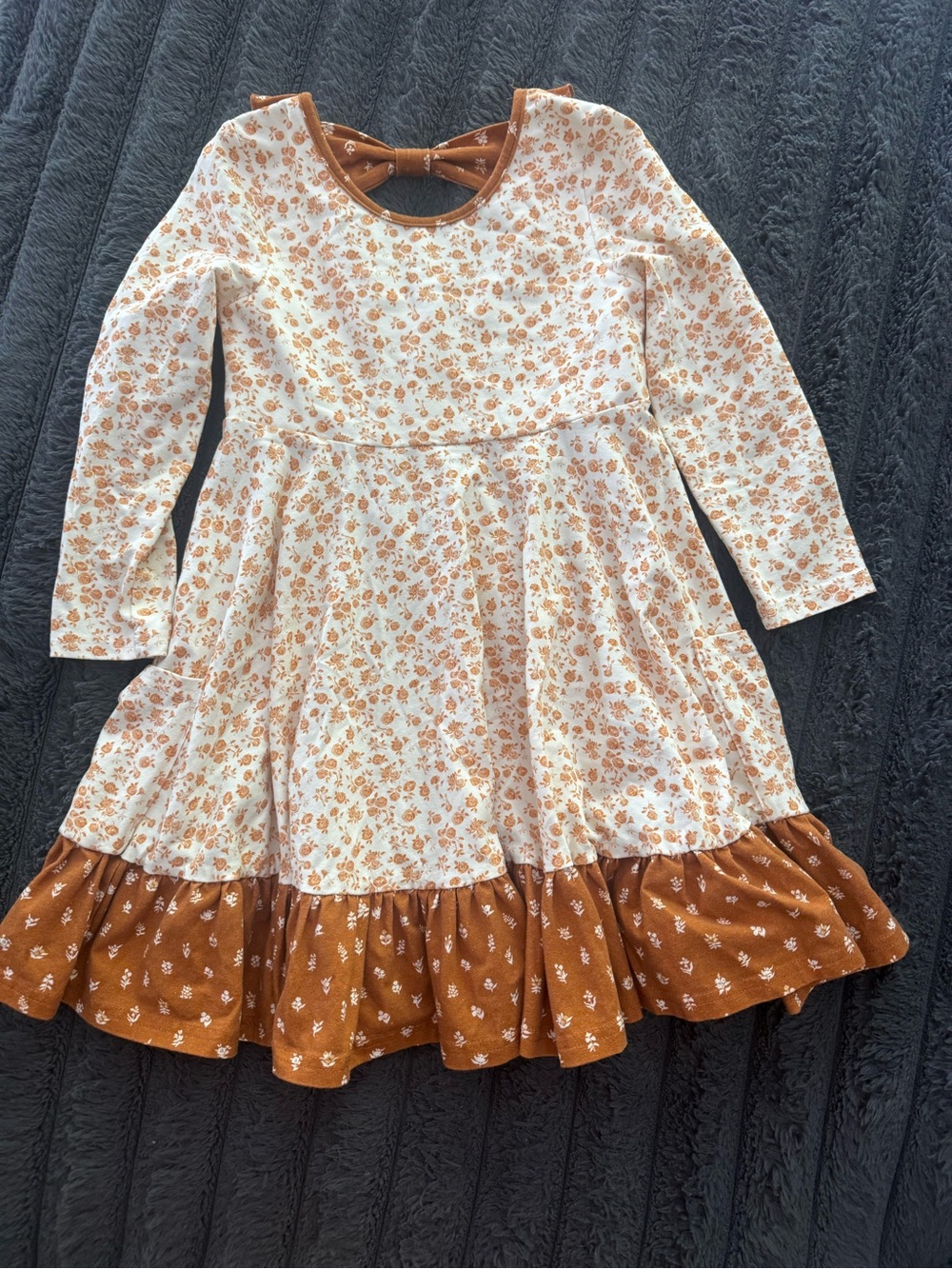 SweetHoney Cream Floral Long-Sleeve Dress with Rust Ruffle